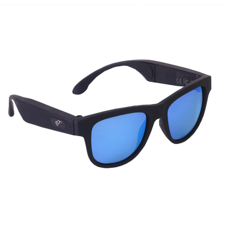 Black smart sunglasses with red-orange tints on the lenses and wireless technology for calls