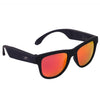 Blue smart sunglasses with black tints on the lenses and wireless technology for calls