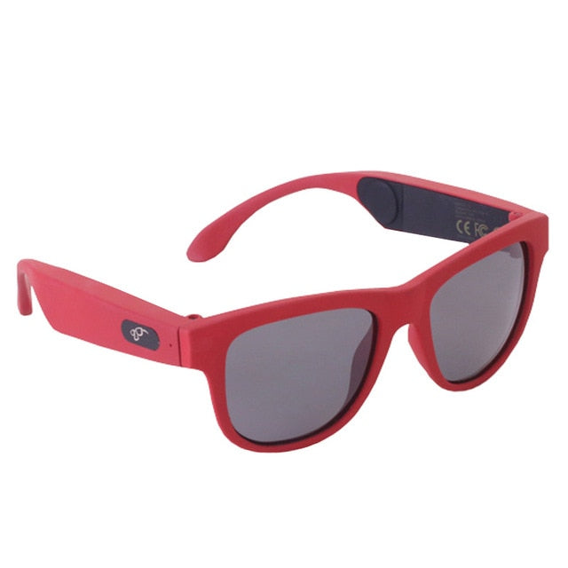 Red smart sunglasses with red-orange tints on the lenses and wireless technology for calls