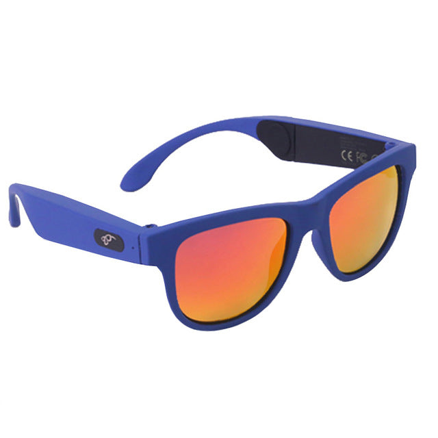 Blue smart sunglasses with blue tints on the lenses and wireless technology for calls