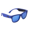 Blue smart sunglasses with red-orange tints on the lenses and wireless technology for calls