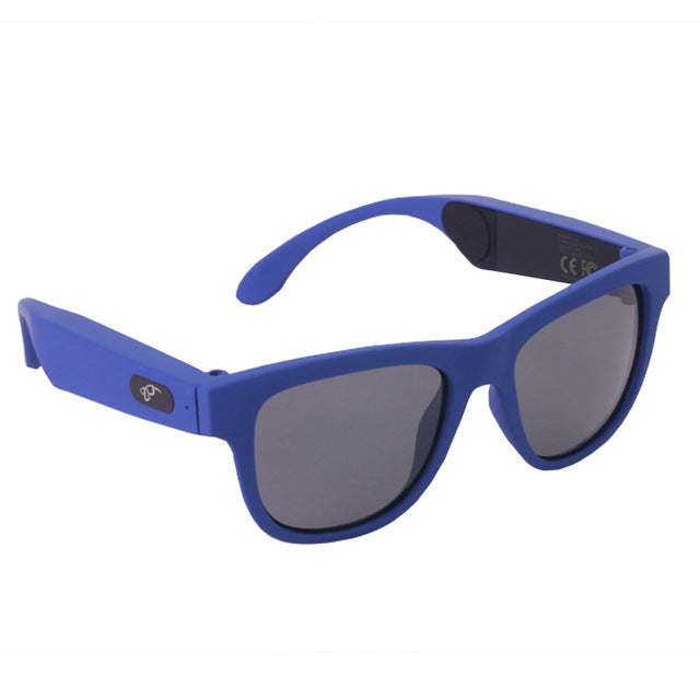 Red smart sunglasses with blue tints on the lenses and wireless technology for calls